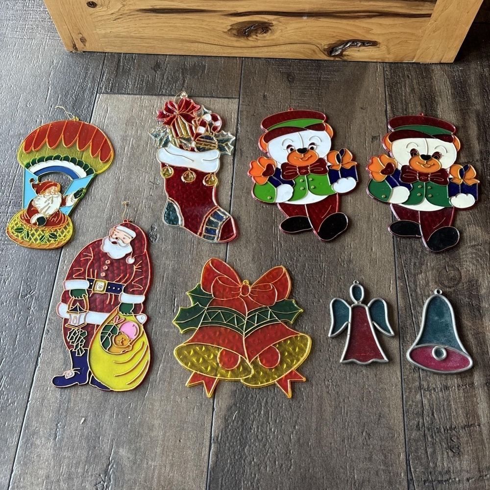 Vtg Lot Of 8 Acrylic Plastic Stained Glass Style Sun Catcher Christmas Ornaments